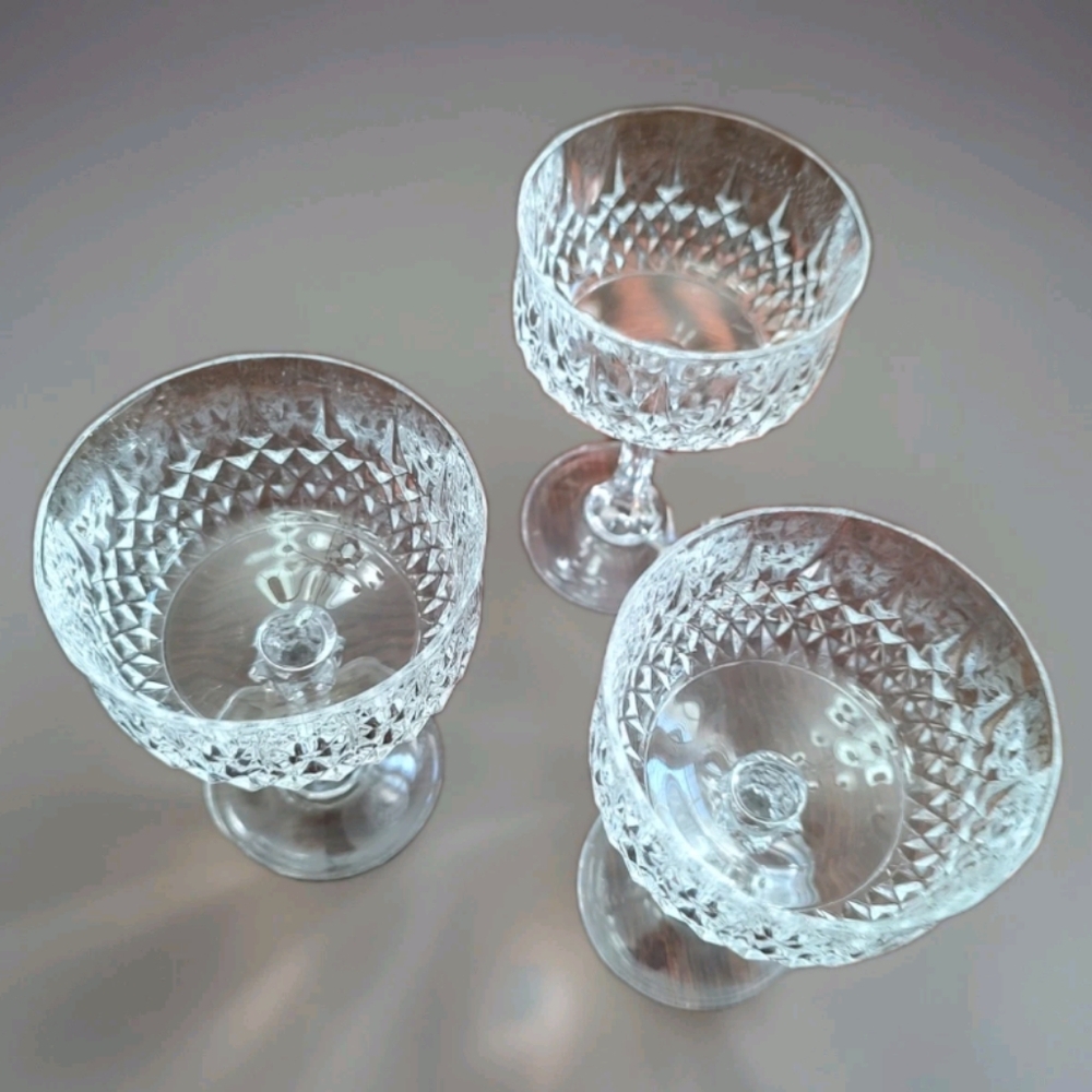 3 Cristal D'Arque Stemmed Diamond Cut Longchamp Sherbet/Parfait/Wine Glasses - Picture 7 of 8